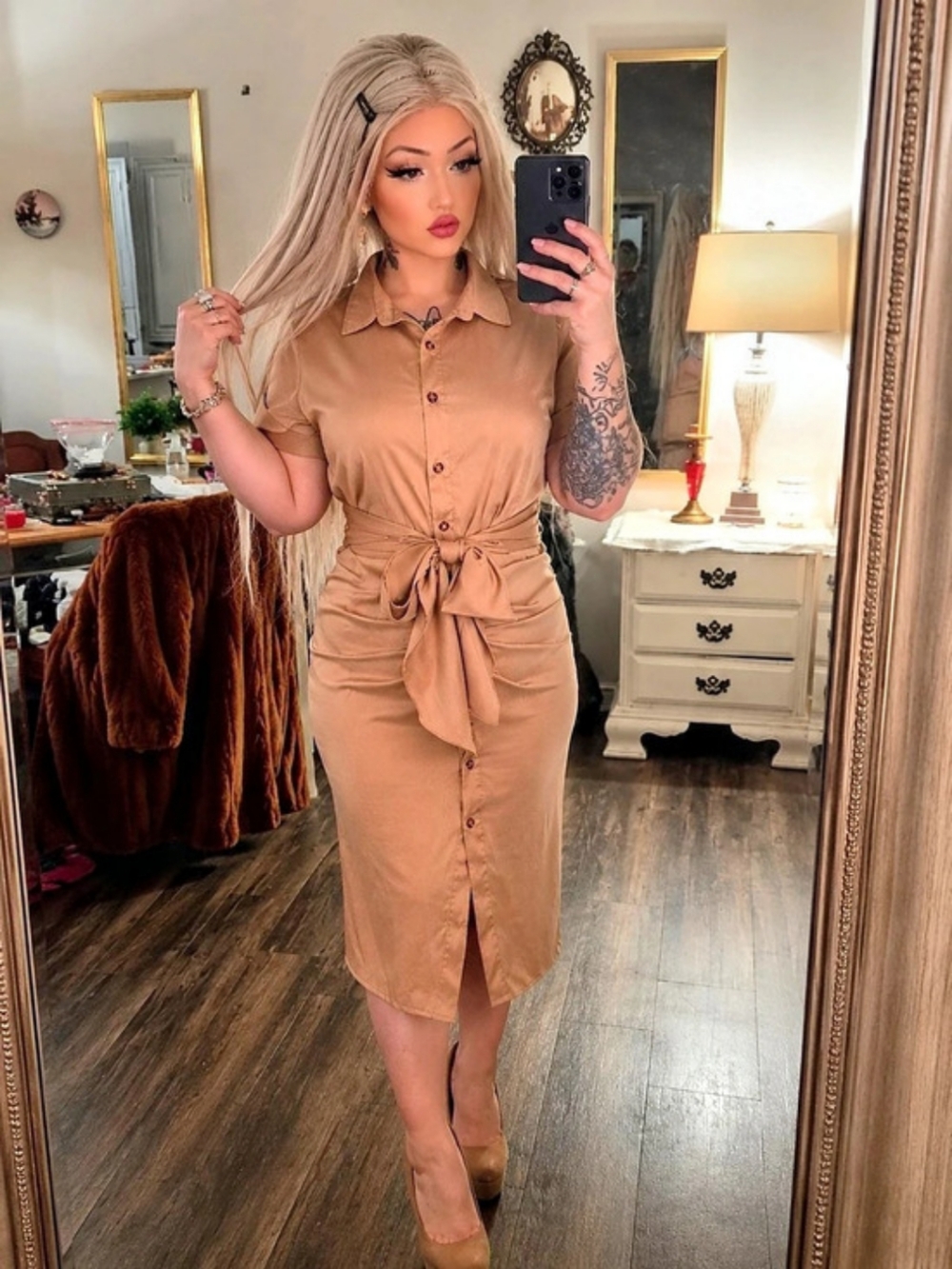BTFBM Satin Tie Waist Midi Dress Size M Tan Champagne Button Front Ruched
